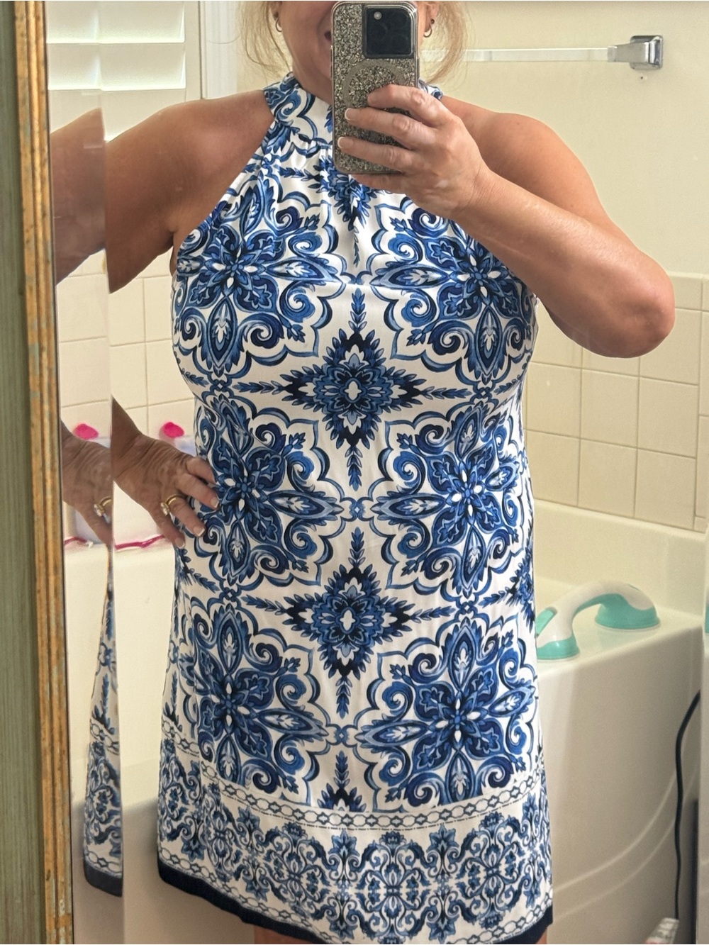 Talbots Blue and White Halter Neck Patterned Dress